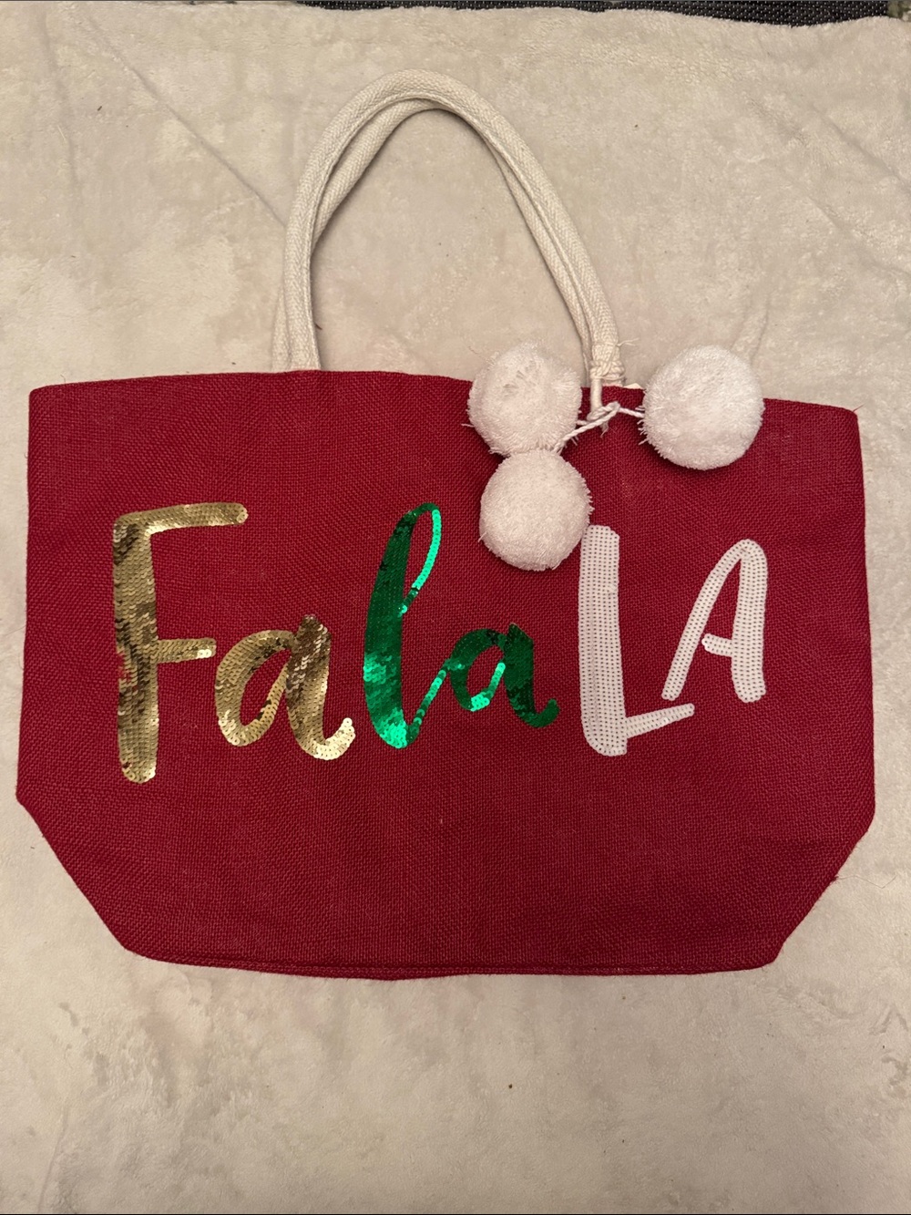 Mud Pie Red Holiday Tote Bag with Pom-Pom Accents